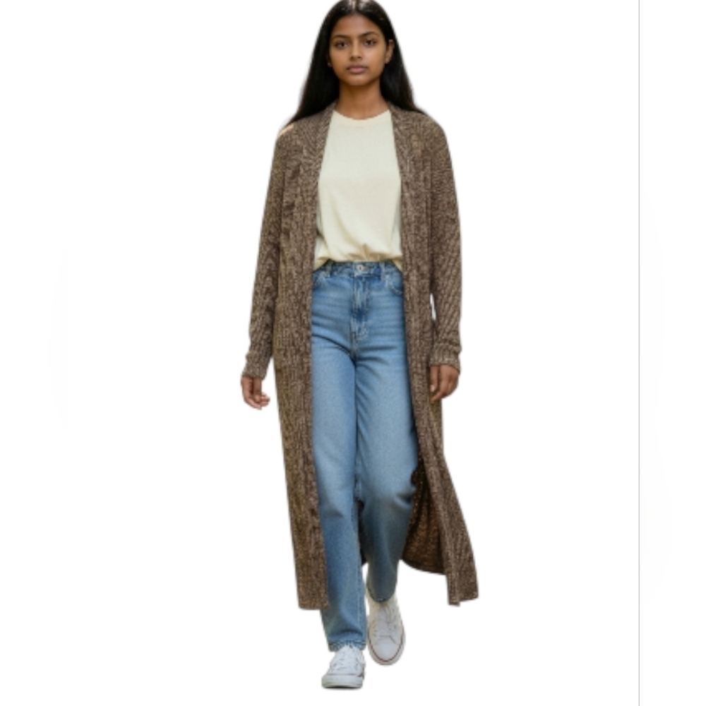 Guiliana Full Length Coat Sweater In Brown Tweed Knit Medium
